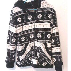 TrailCrest Sherpa Lined Full Zip Fleece Hoodie Jacket Sz S Black White Fair Isle